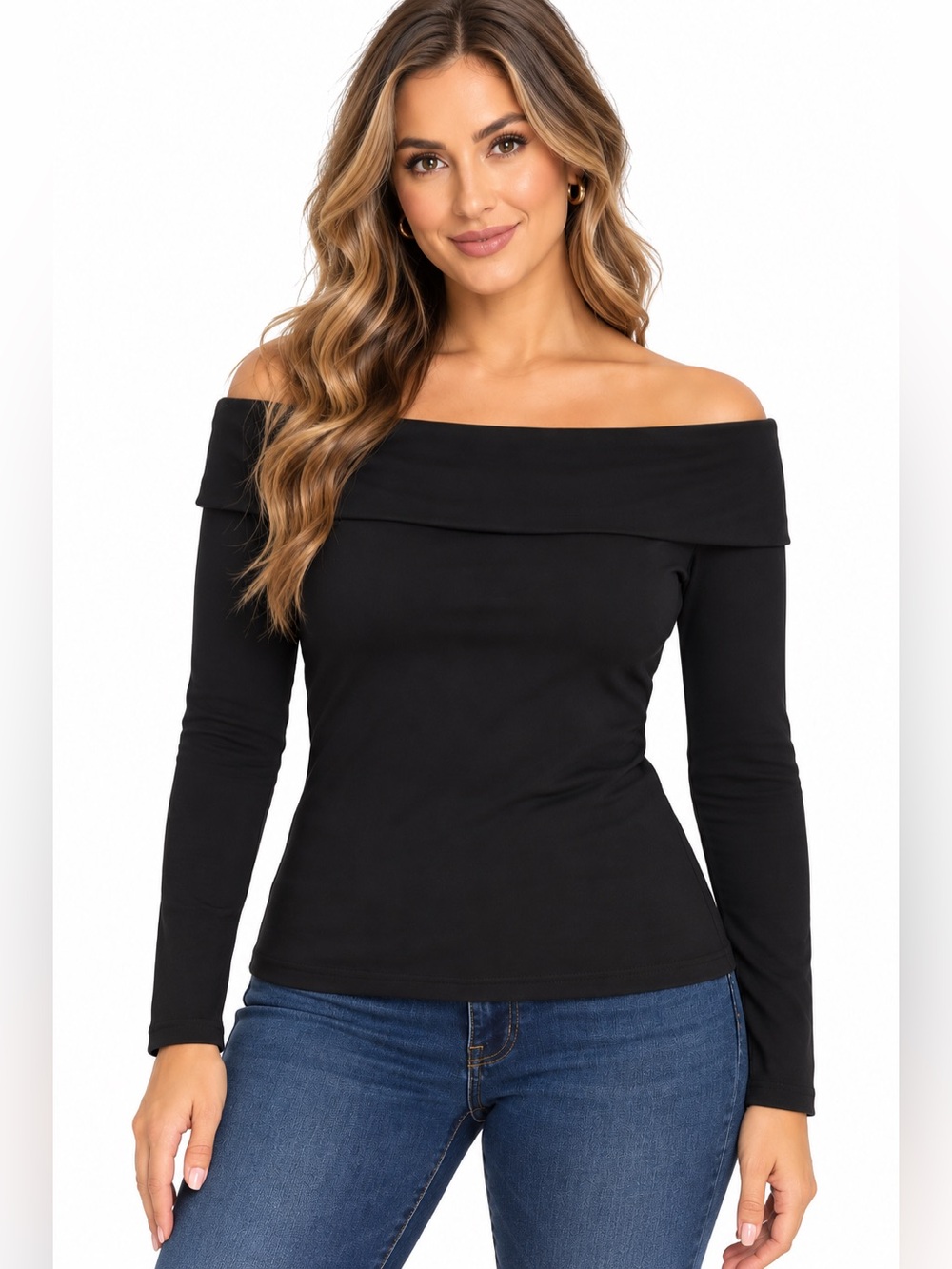 White House Black Market Black off Shoulder Long Sleeve Top XL